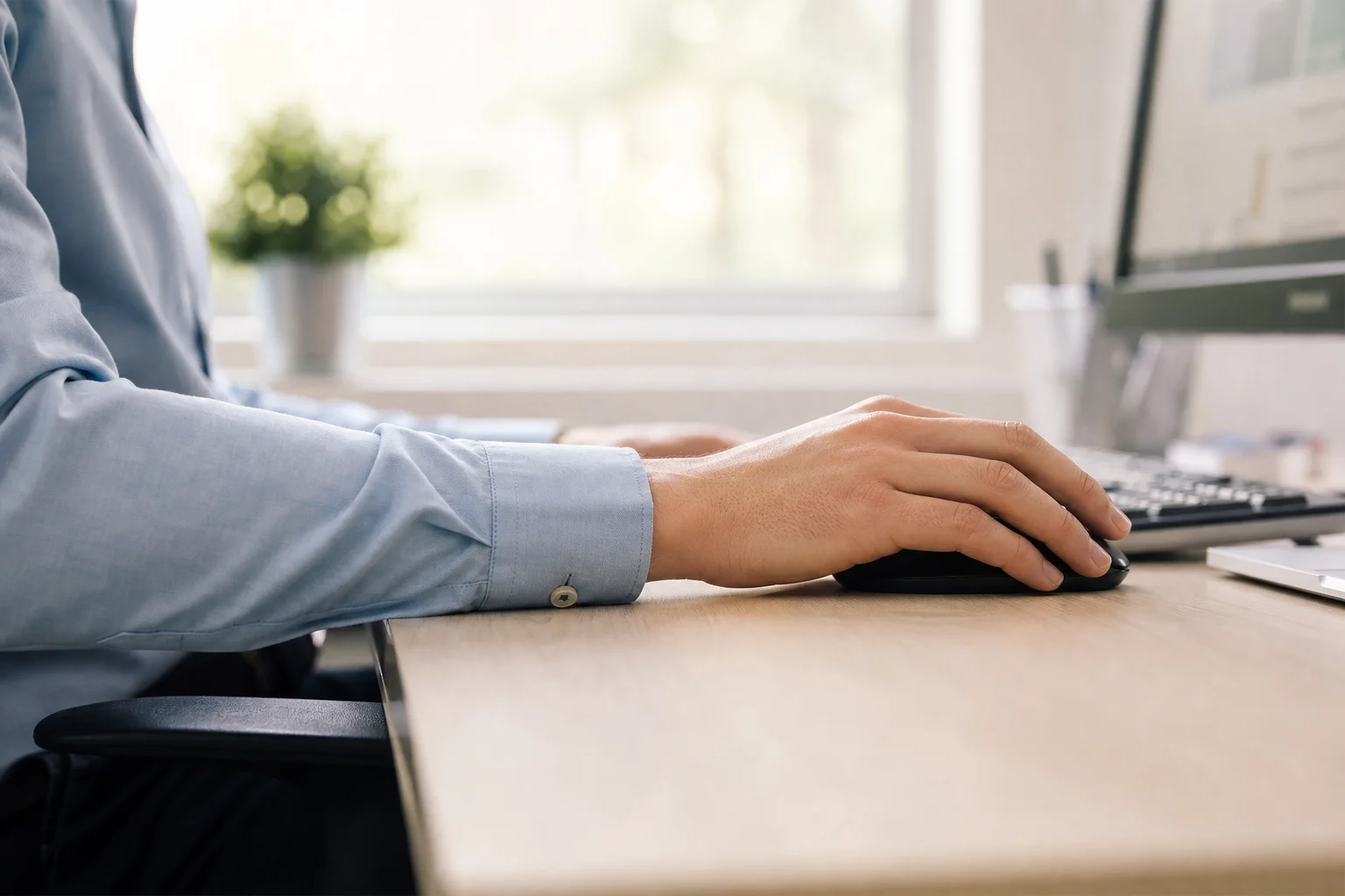 Person at desk with proper ergonomic posture and neutral wrist alignment