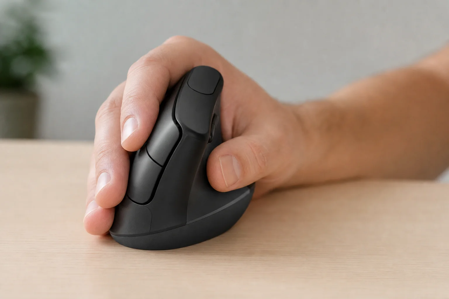 Close-up of vertical mouse in hand showing handshake grip position