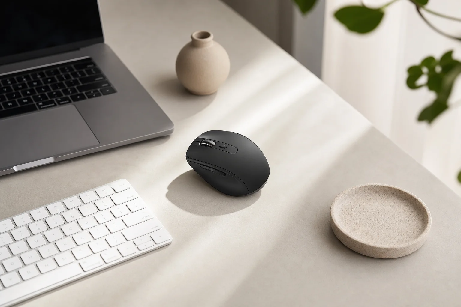 Wireless mouse on desk with laptop and keyboard in modern workspace