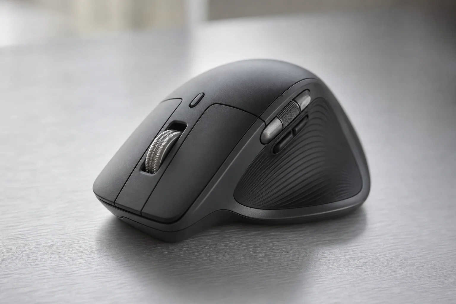Premium ergonomic mouse with thumb rest on brushed metal surface