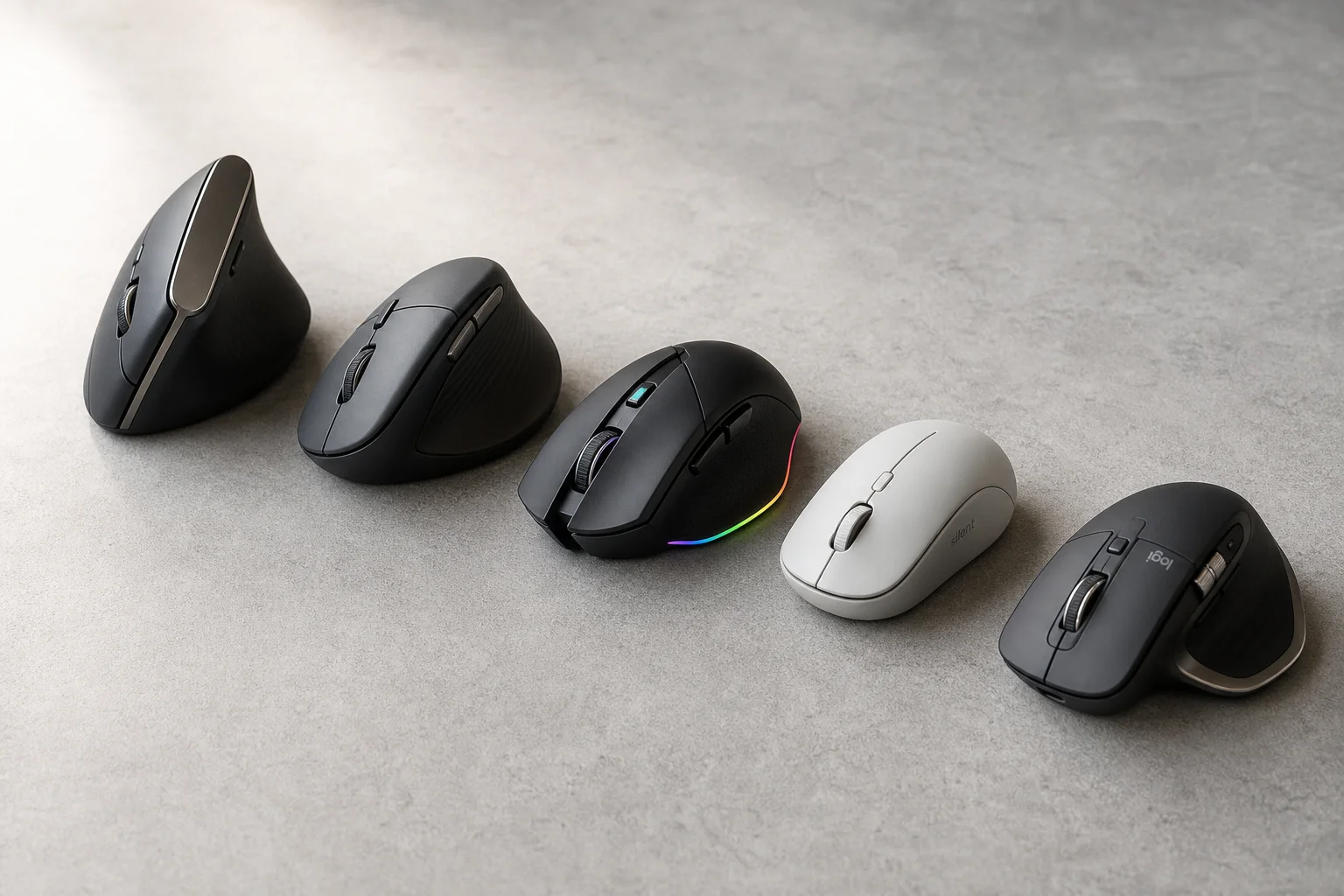 Five ergonomic mice in different styles arranged on a concrete surface
