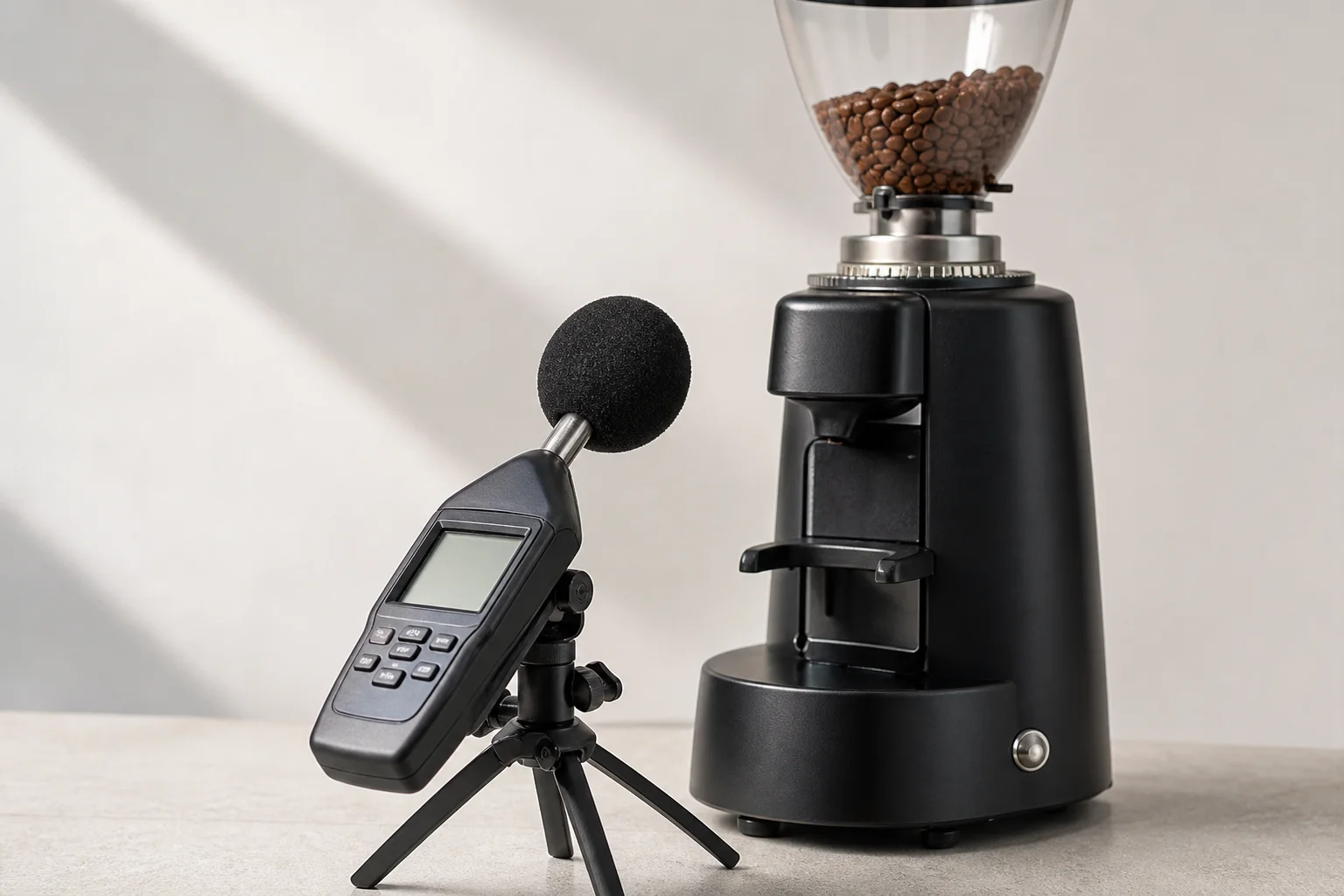 Sound meter and microphone positioned near grinder during testing