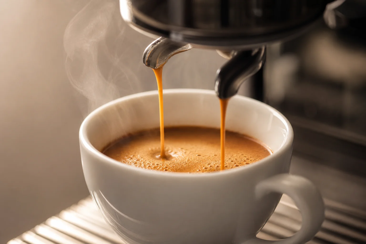 Espresso being pulled into white cup with rich crema and steam