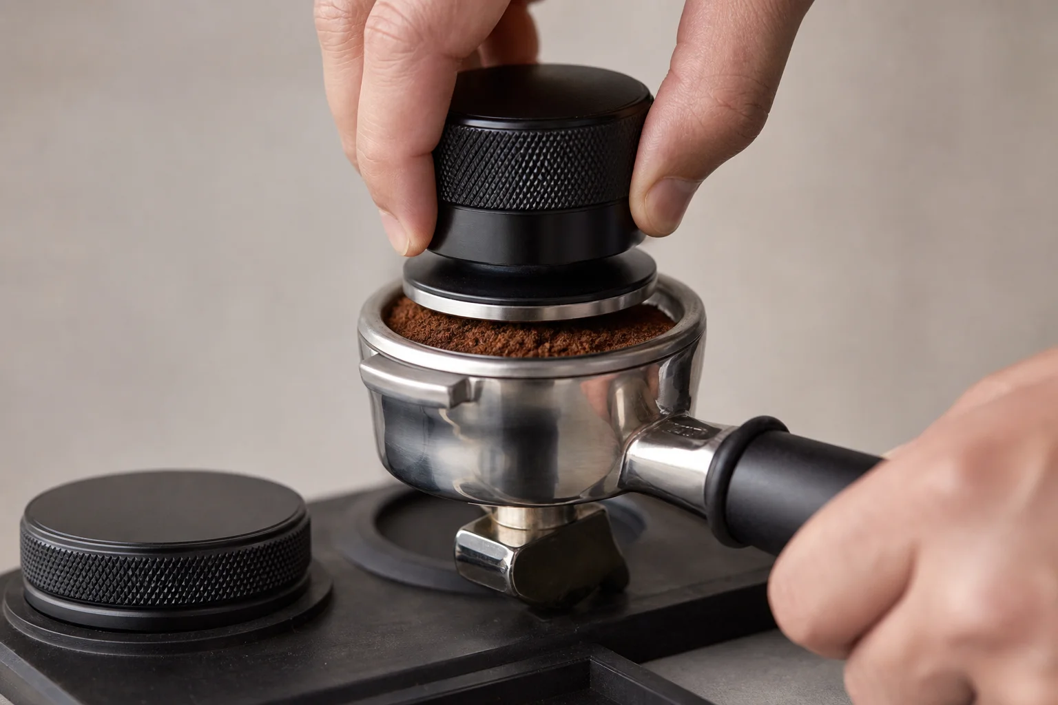 Barista hands tamping espresso grounds in portafilter with distribution tool