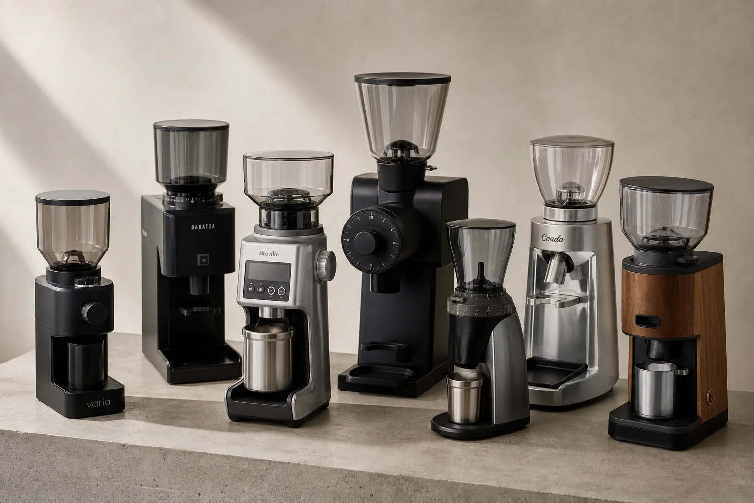 Seven espresso grinders of various sizes and styles arranged on concrete surface
