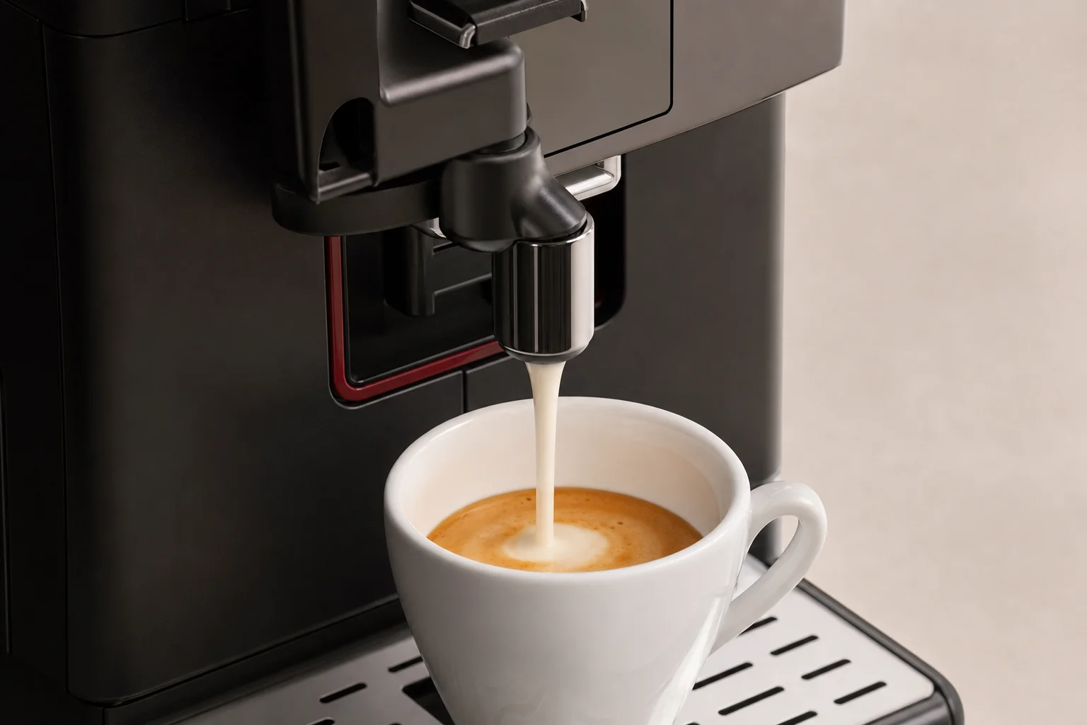 Gaggia Magenta Prestige 的奶泡系統將熱牛奶注入咖啡杯中