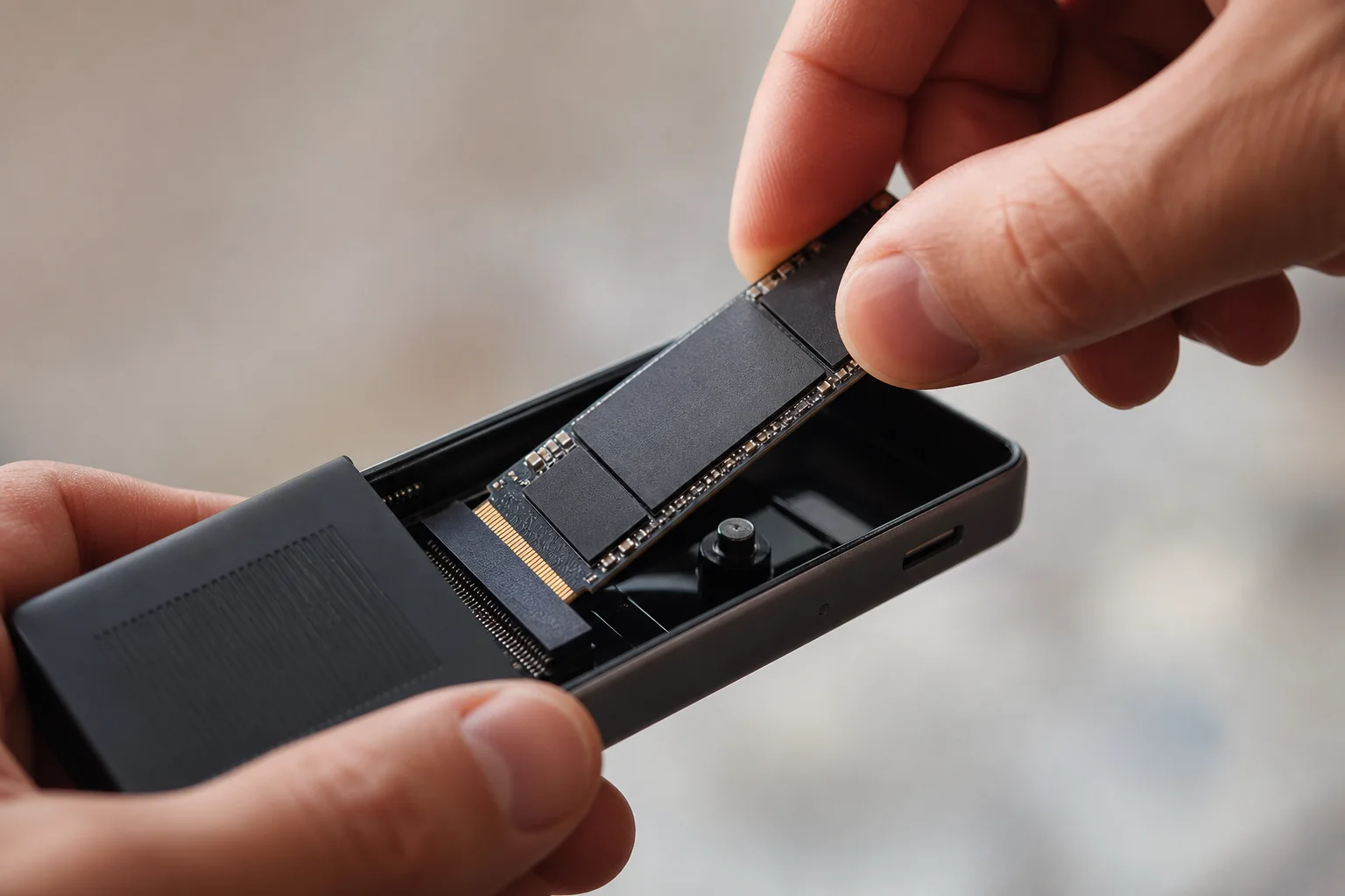 NVMe 硬碟以傾斜角度插入外接盒的特寫鏡頭