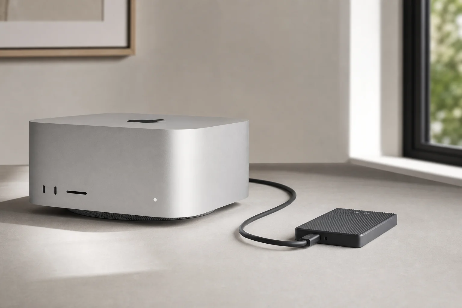 透過 Thunderbolt 線連接外接 SSD 的 Mac Studio
