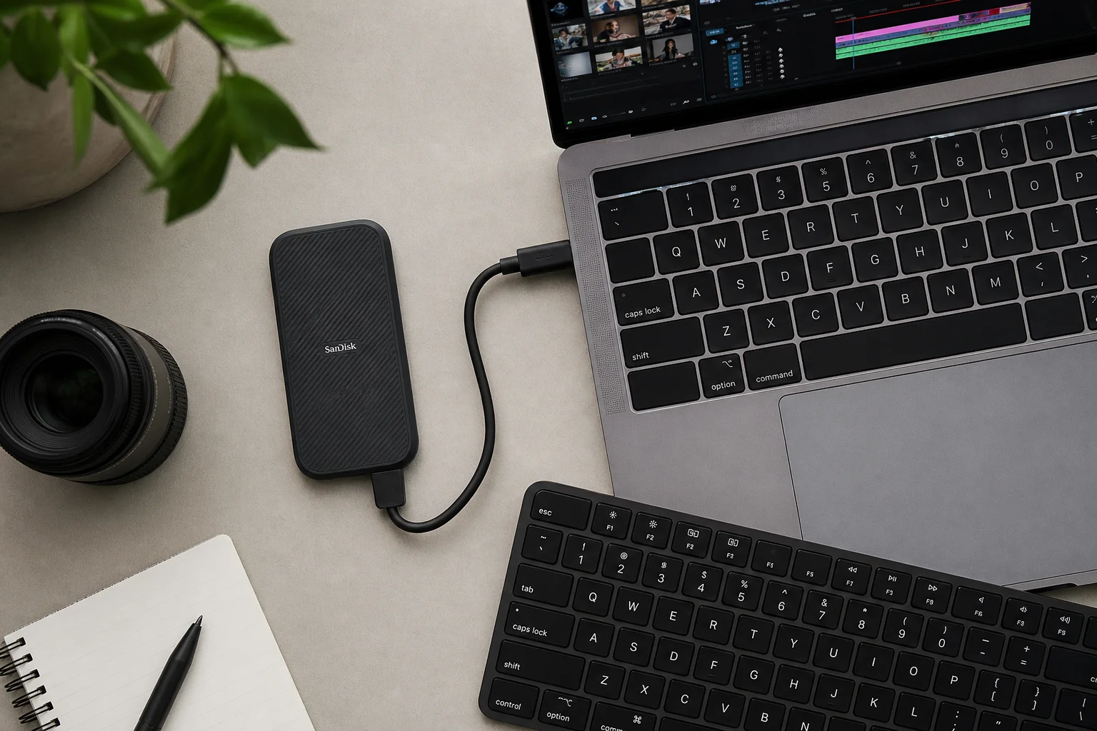 配備外接 SSD 與鍵盤的專業影片剪輯工作區