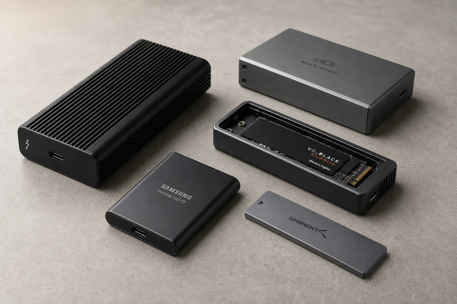 放置在水泥表面上的多款外接 SSD 與外接盒集合