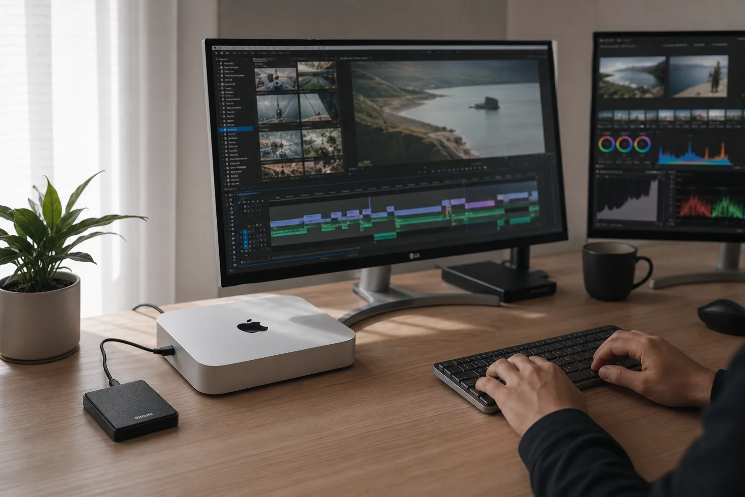 影片剪輯師在辦公桌前使用 Mac Mini 並連接外接 SSD