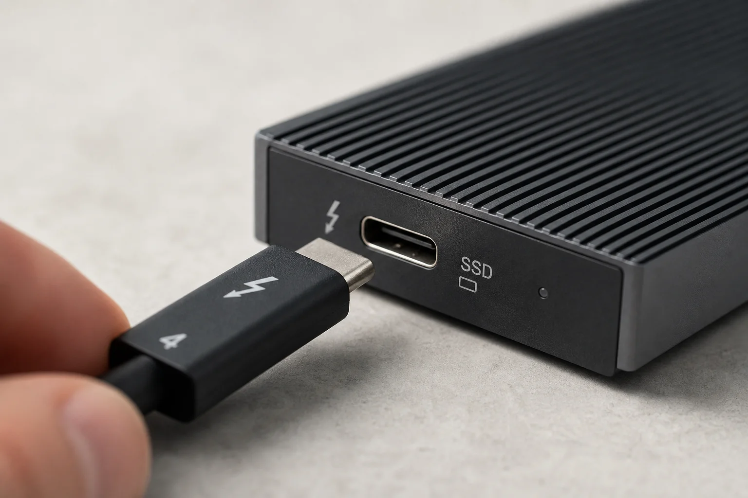 Thunderbolt 傳輸線接頭與外接 SSD 連接埠的特寫