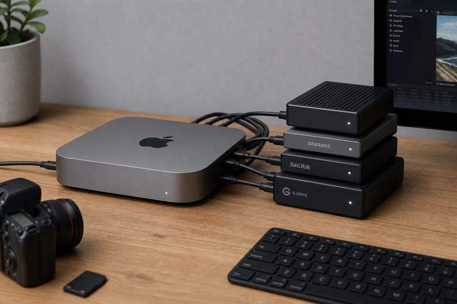Mac Mini 連接多個外接 SSD，展示完整的儲存配置