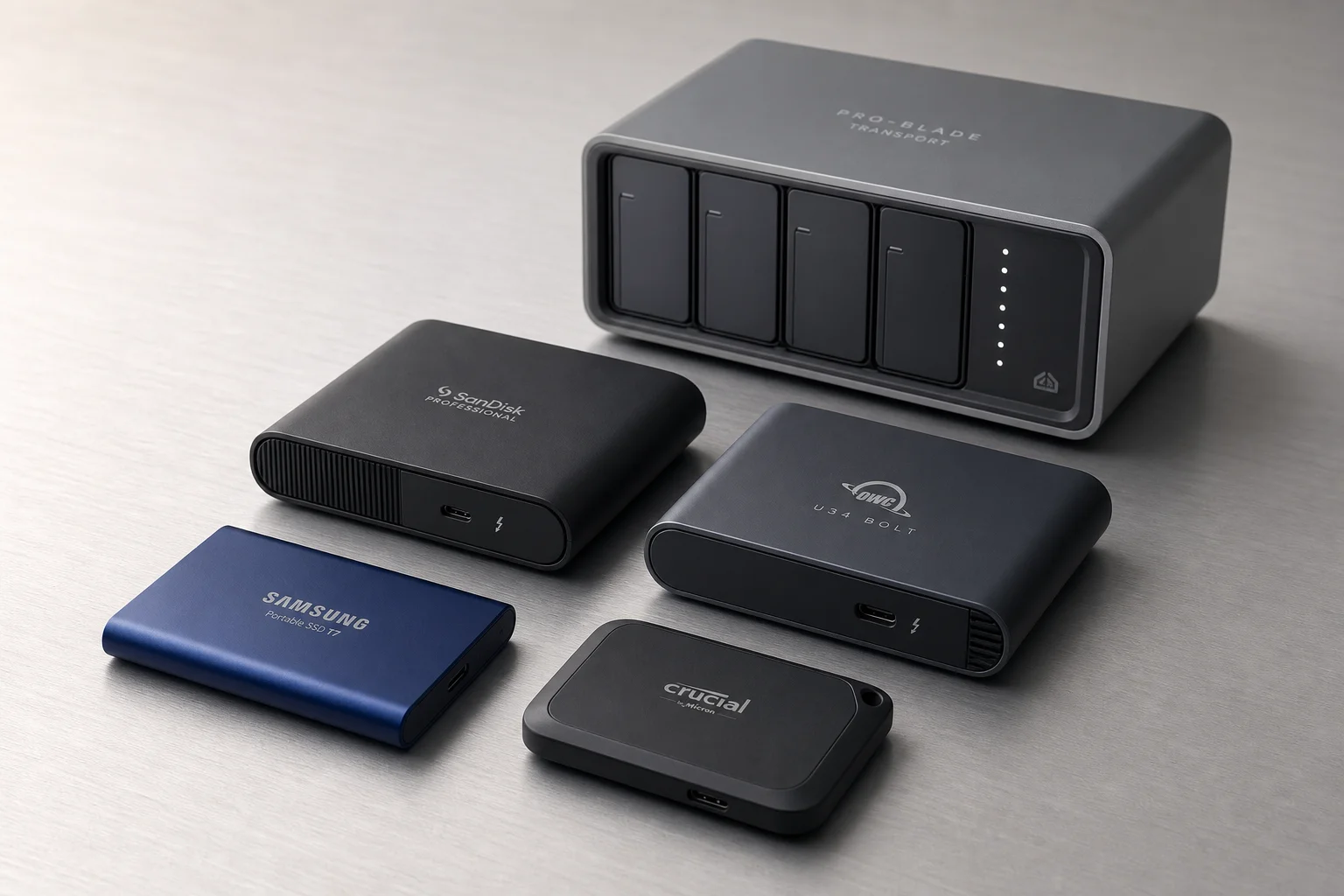六款外接 SSD 依效能等級排列在髮絲紋鋁合金表面上