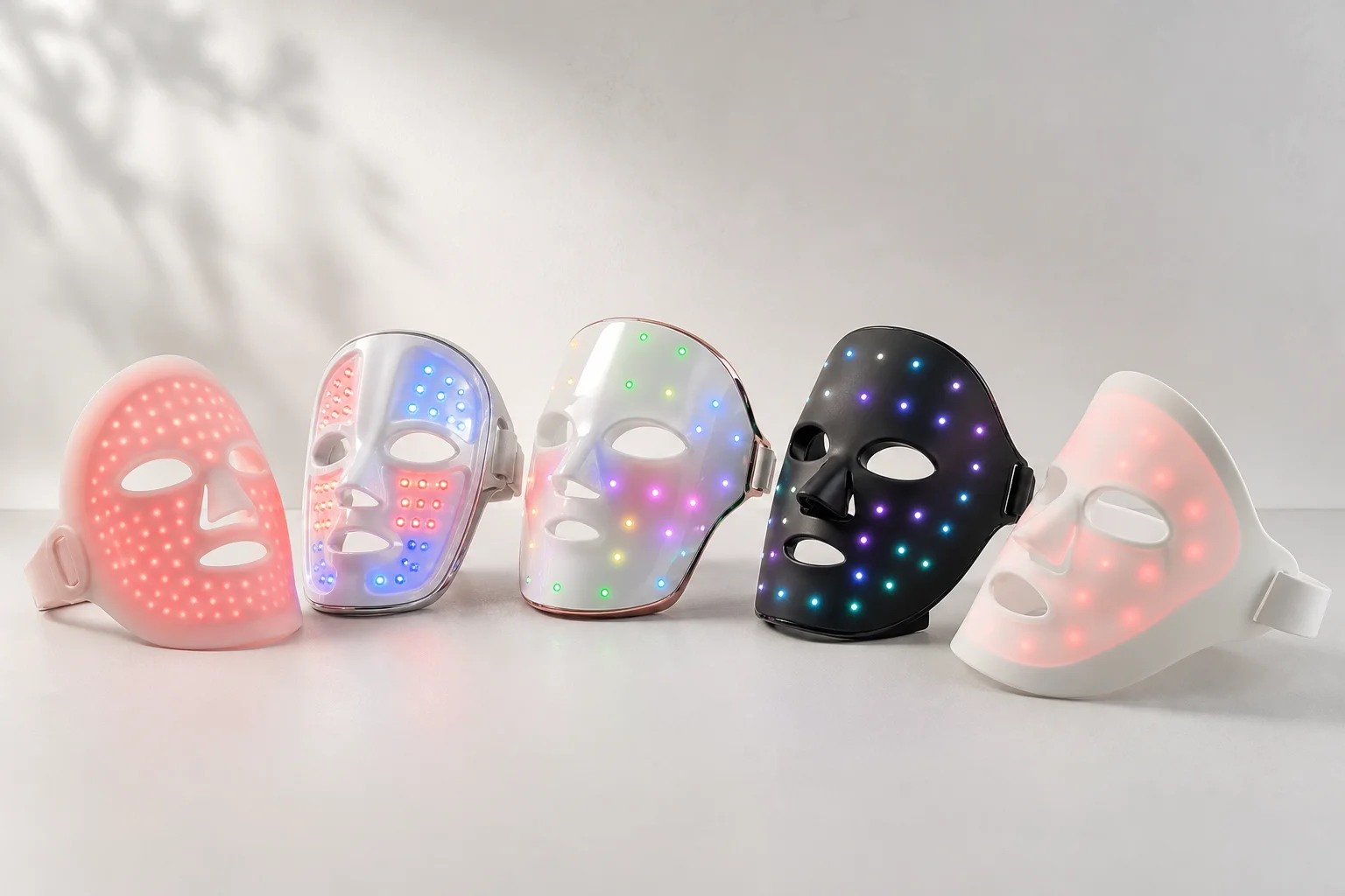 五款 LED 臉部美容面罩在白色表面上排列成弧形