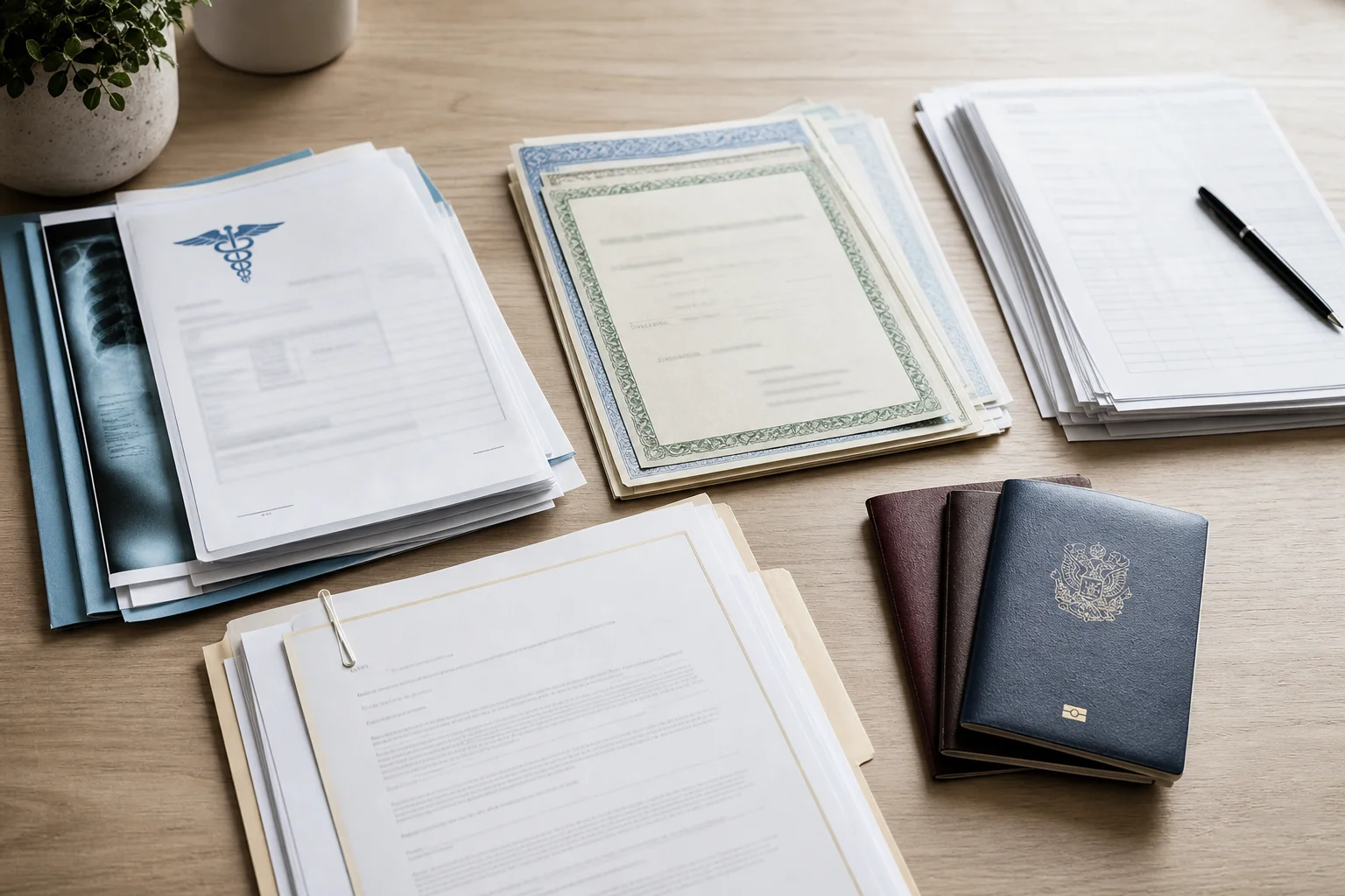 桌面上擺放著包括醫療紀錄、證書與銀行對帳單在內的重要文件