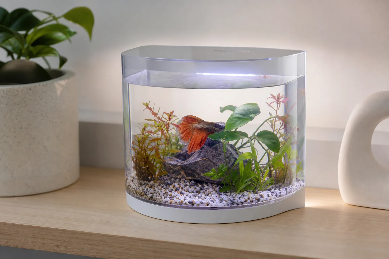 放在桌面上帶有 LED 照明的小型弧形壓克力水族箱