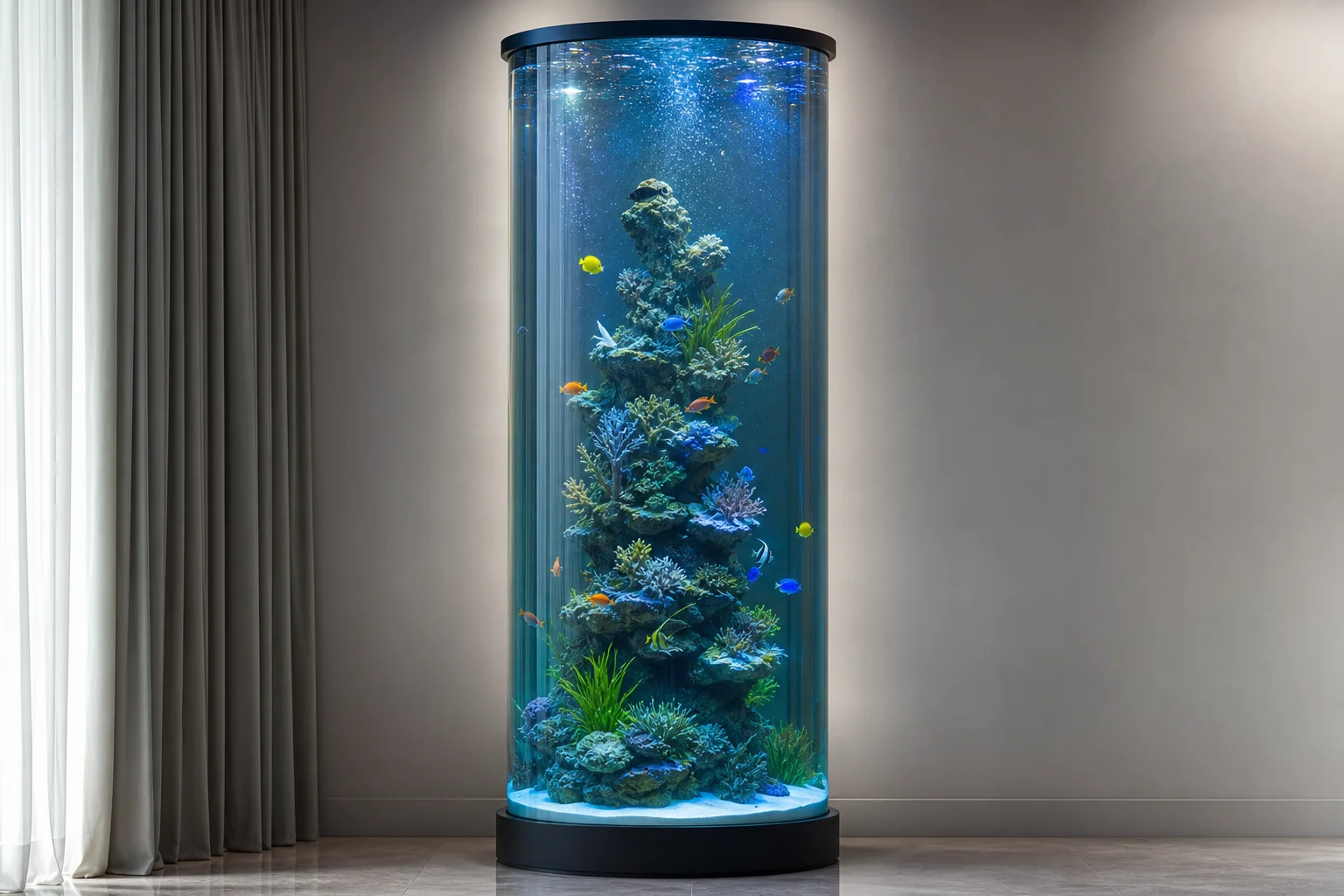 展示水質清澈度與 LED 色彩的垂直全景水族箱