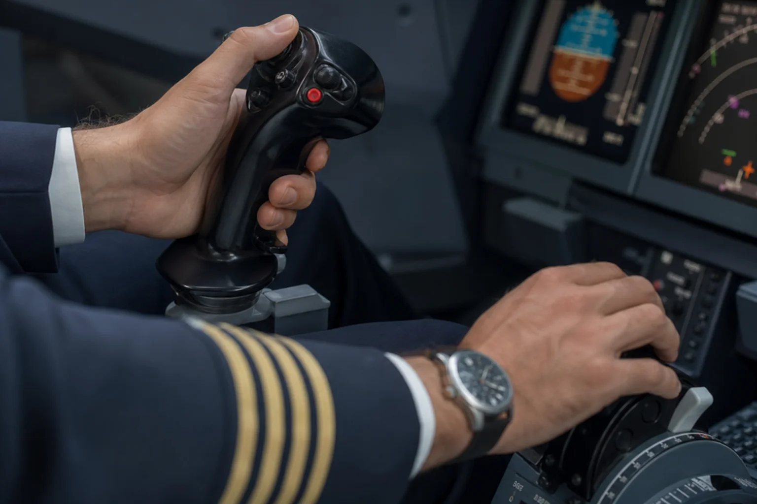 Pilot hands on joystick and throttle in aircraft cockpit