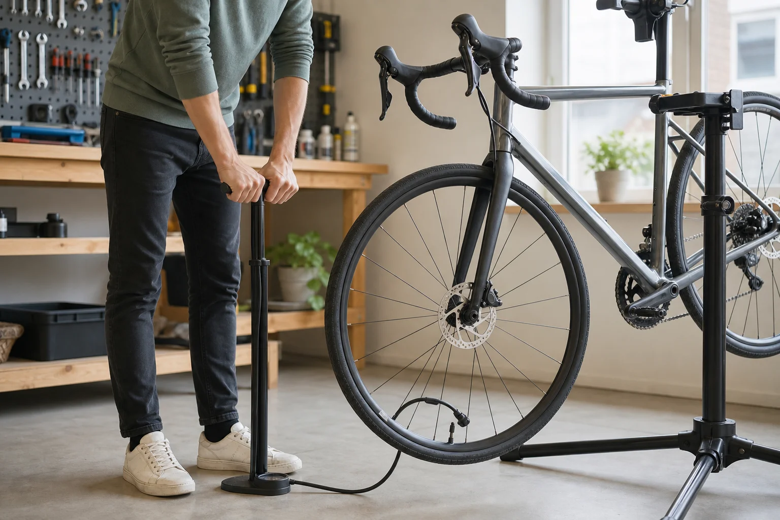 Cyclist checking tire pressure with a floor pump at a home workstation