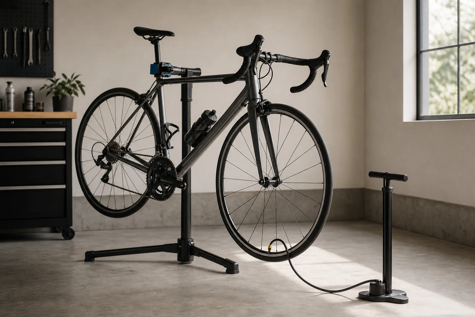 Cyclist inflating a road bike tire in a home garage setting