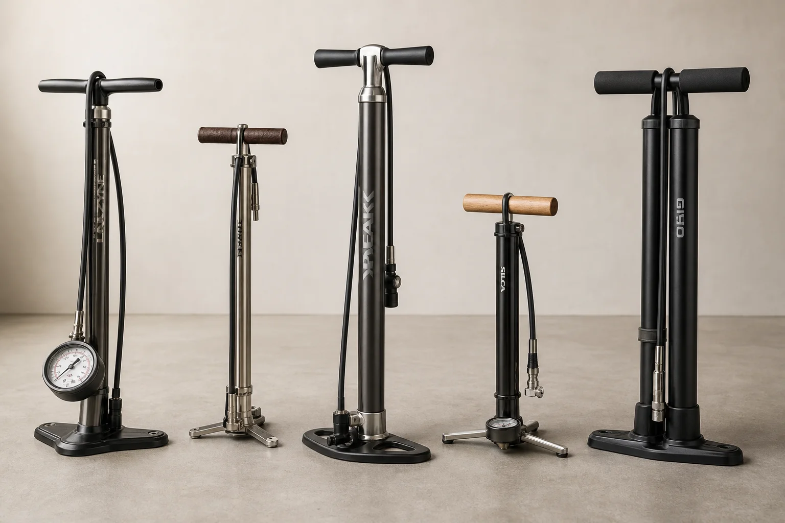 Five floor pumps of different designs and heights arranged on concrete surface