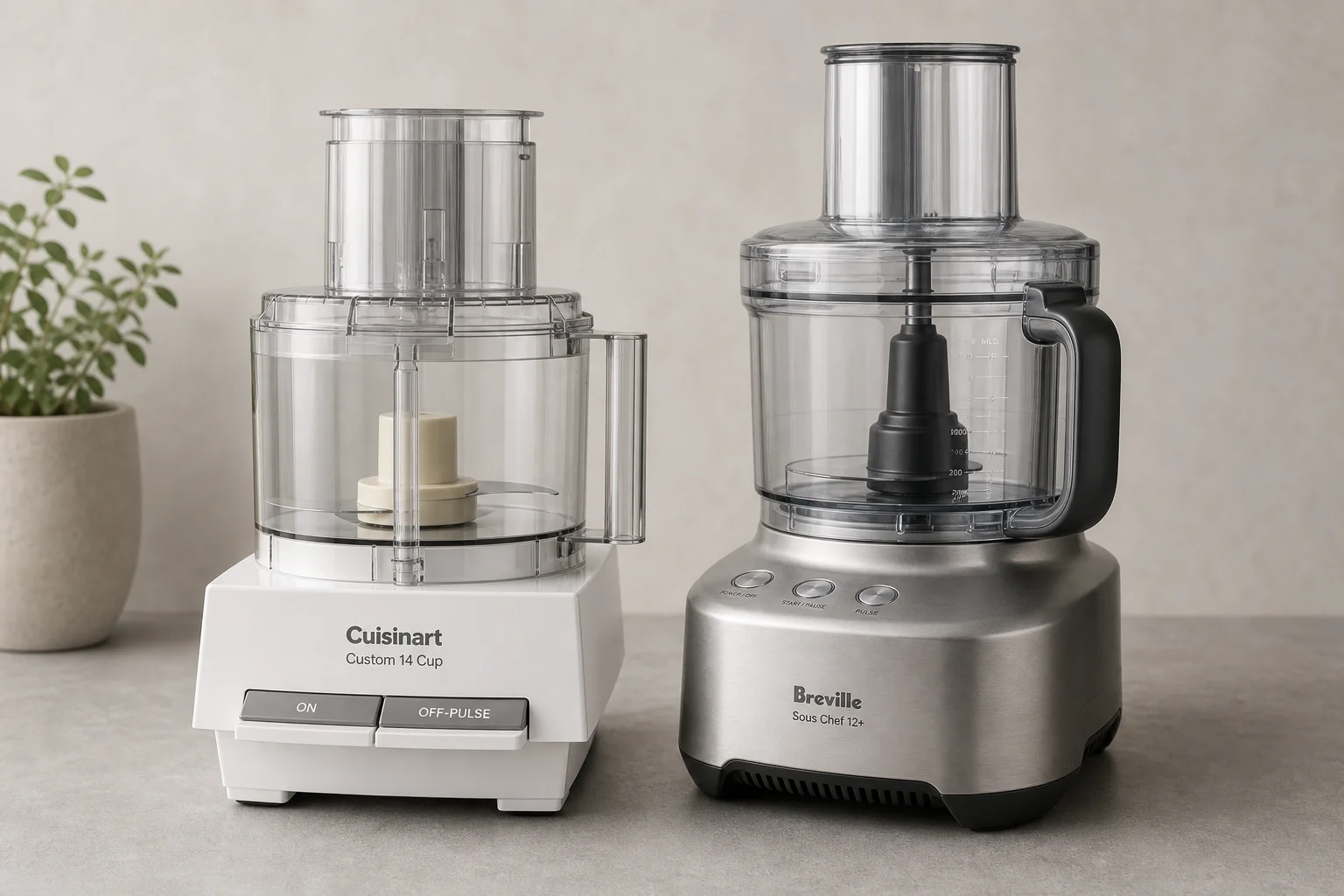 水泥檯面上的 Cuisinart Custom 14 Cup 與 Breville Sous Chef 12+ 食物處理機