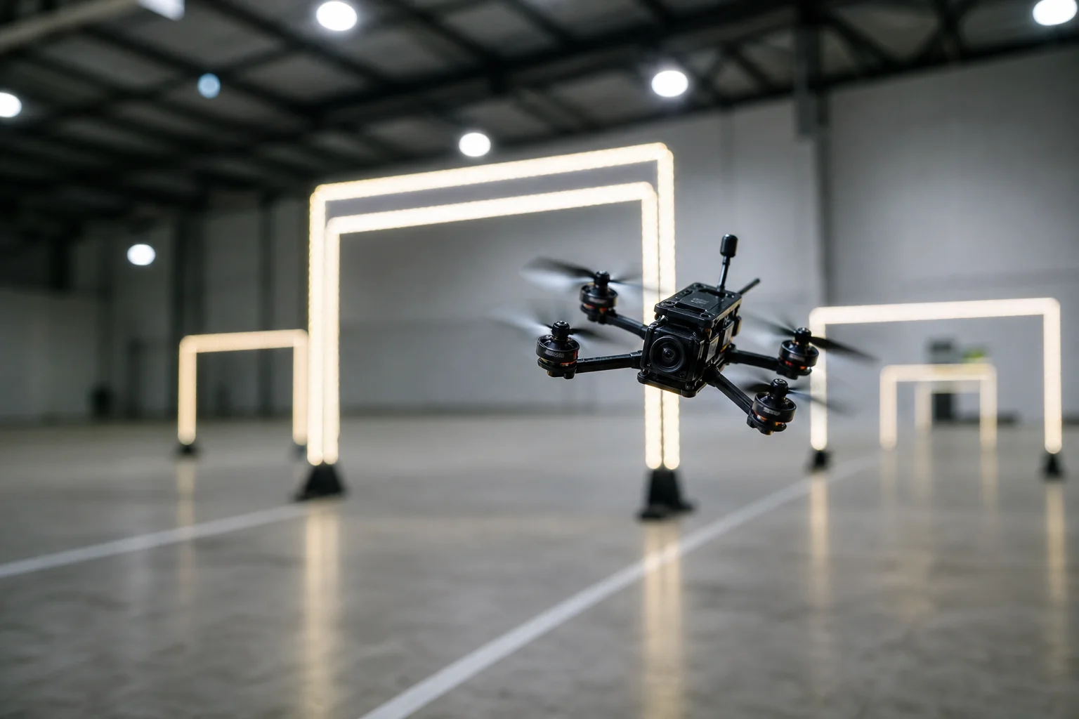 FPV 無人機穿過室內設有閘門的障礙賽道