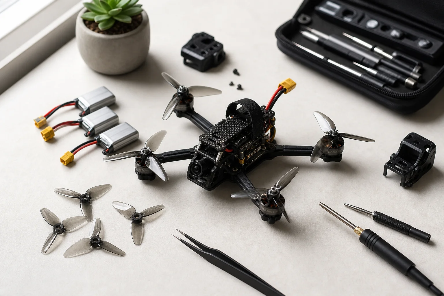 放在工作檯上，周圍有工具與備用零件的小型 FPV 無人機