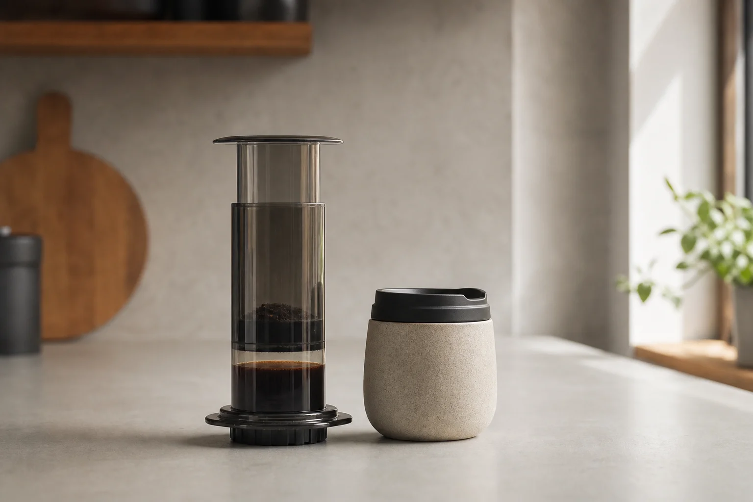 廚房檯面上，小巧的 AeroPress 裝置旁放著一個隨行杯
