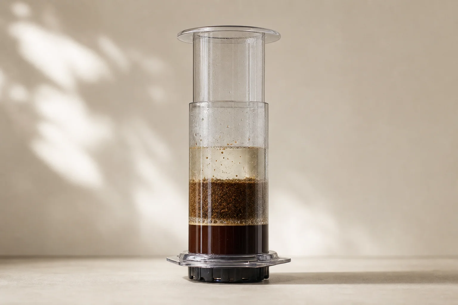 透明的 AeroPress Clear 展示沖煮過程，可見咖啡分層