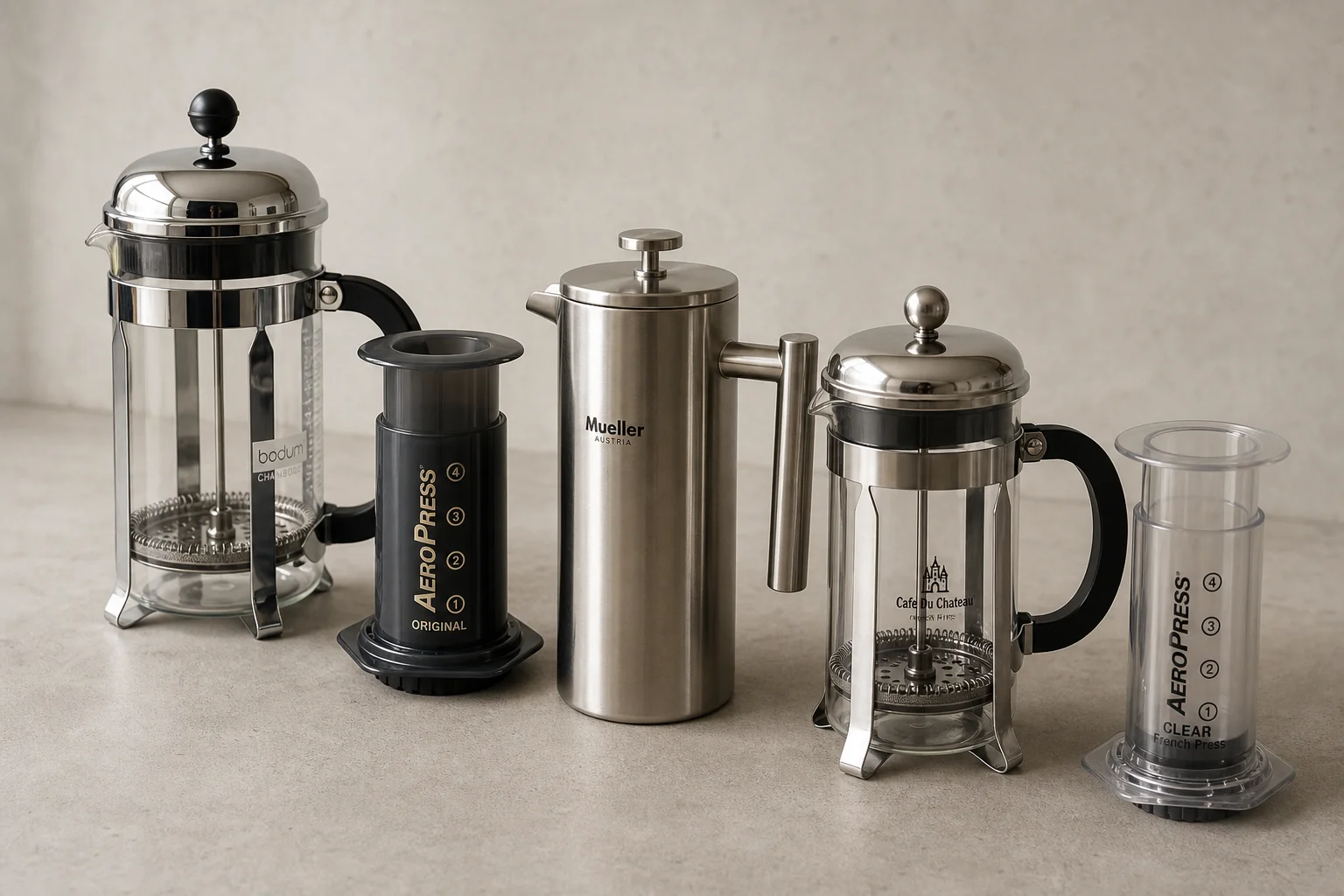 五款法式濾壓壺排列在水泥面上：Bodum Chambord、AeroPress Original、Mueller、Cafe Du Chateau 以及 AeroPress Clear