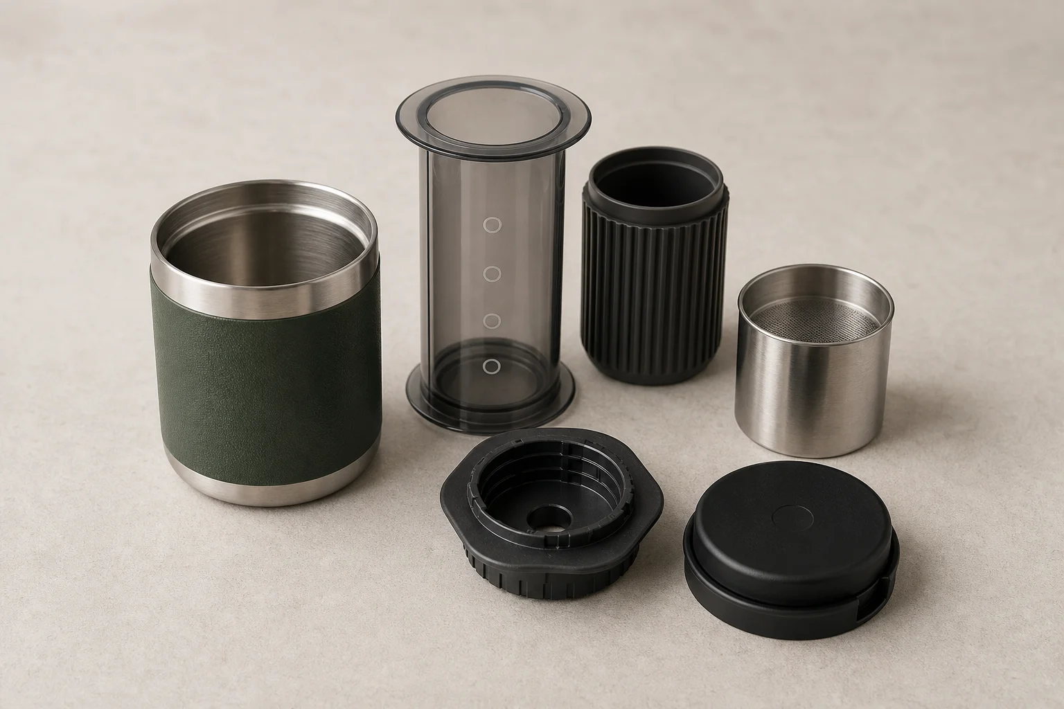 AeroPress Go Plus 便攜式咖啡沖煮器裝在其整合式保溫杯中
