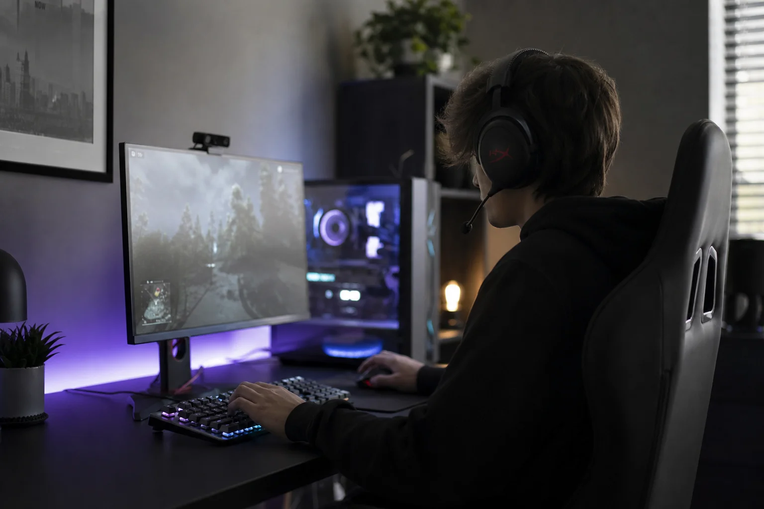 Gamer wearing headset at gaming desk with RGB lighting