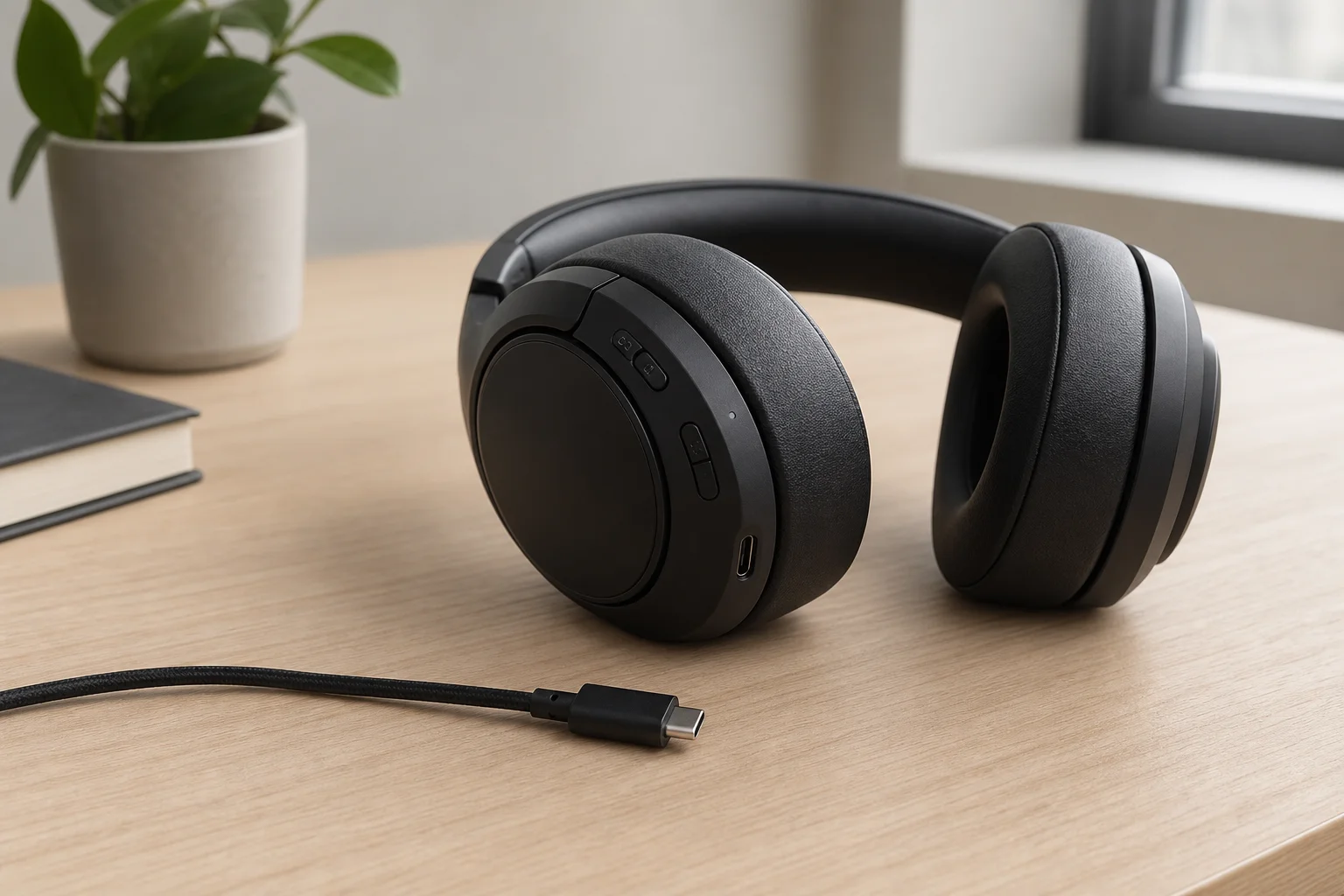 Wireless gaming headset with USB-C charging cable on desk