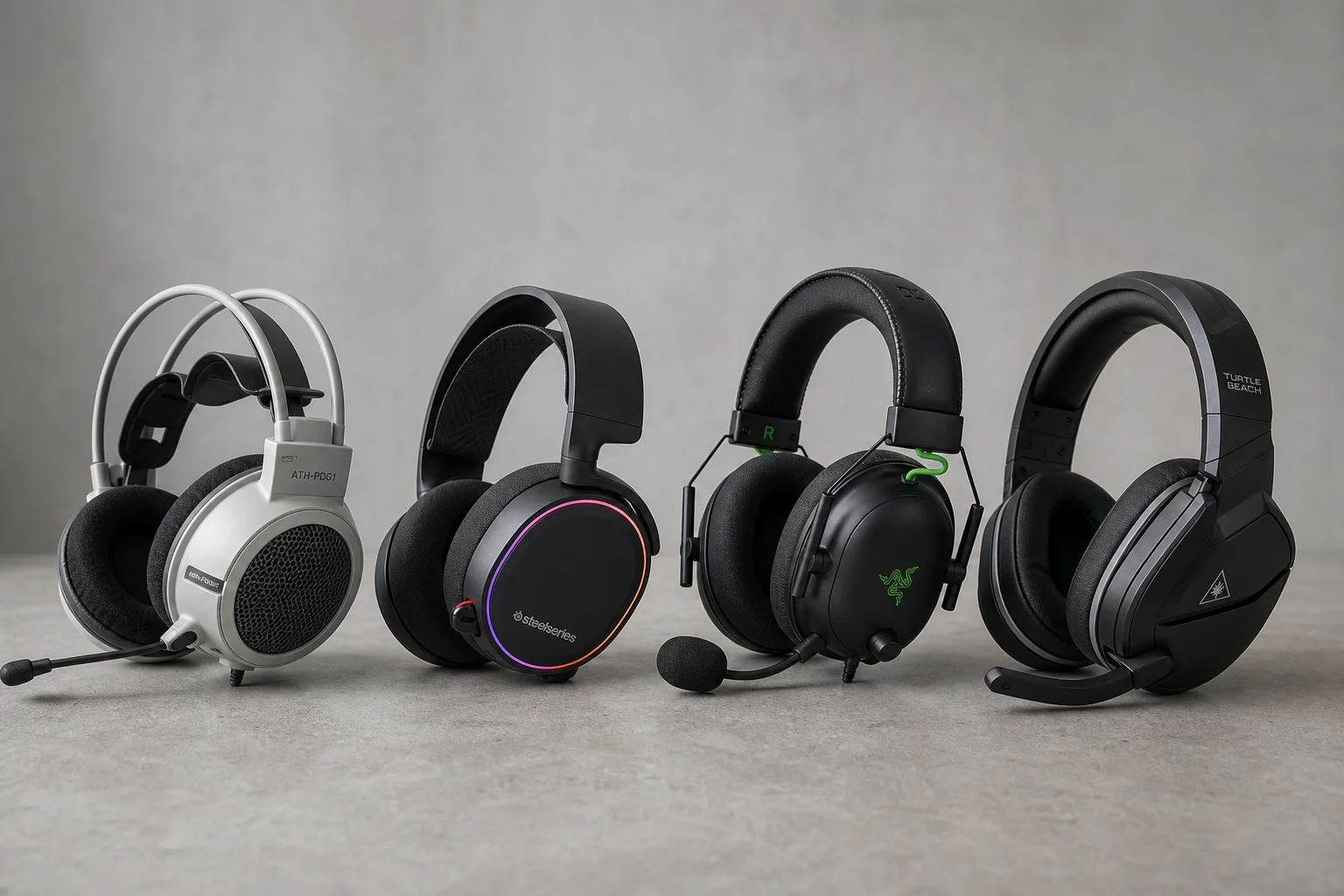 Four gaming headsets displayed in a row on concrete surface