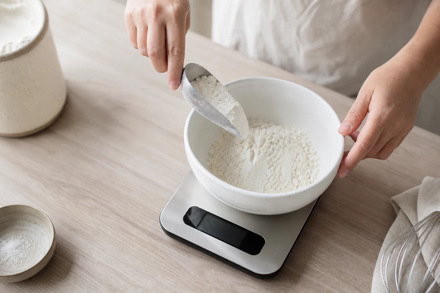 Baker measuring flour with digital scale into mixing bowl