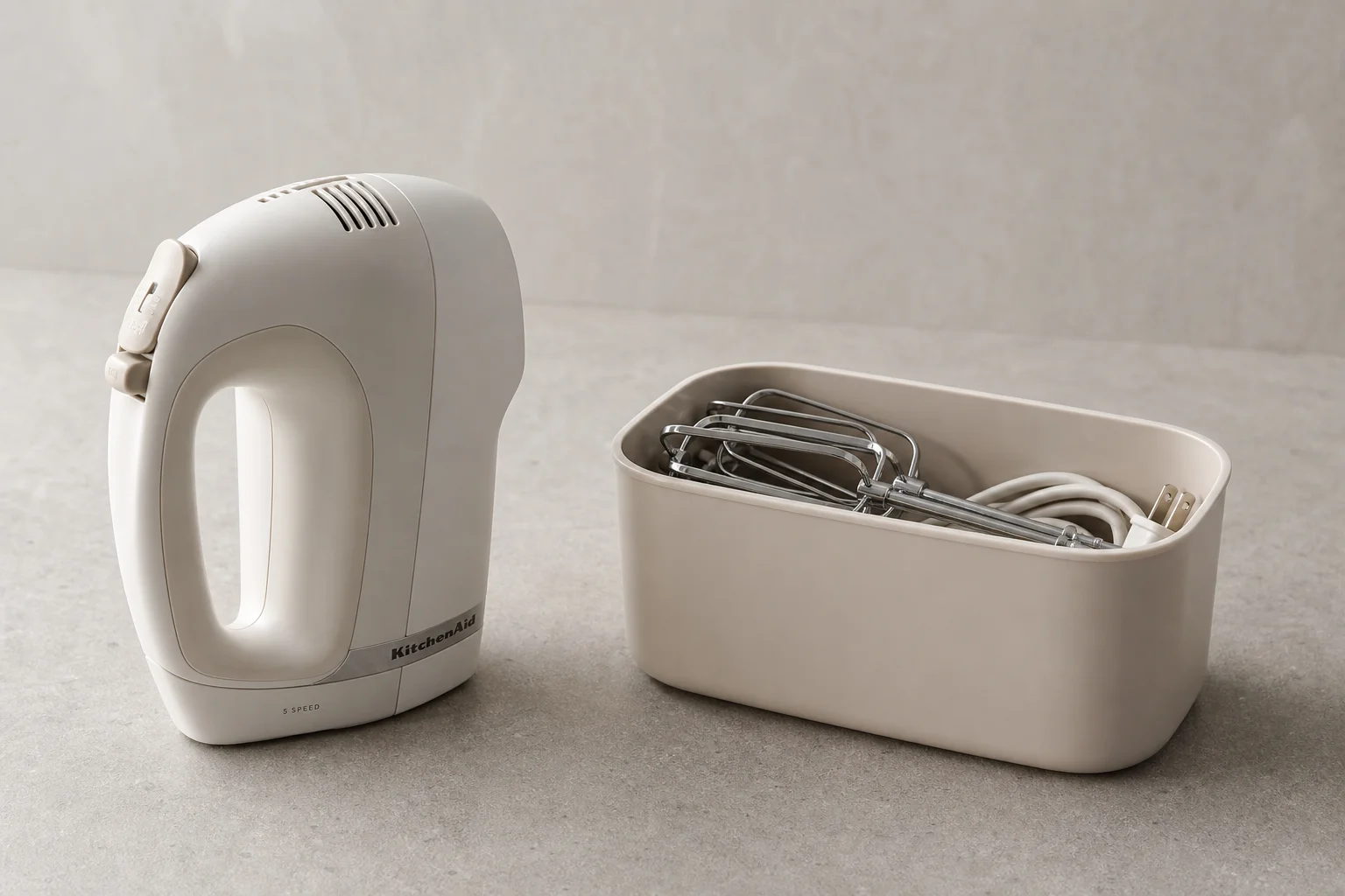 Hand mixer with storage bin containing beaters and cord