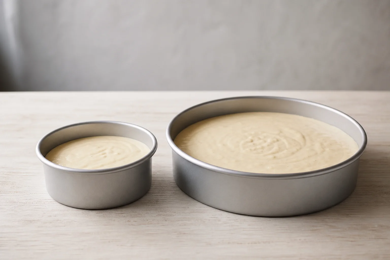 Small six-inch cake pan next to standard nine-inch pan for size comparison