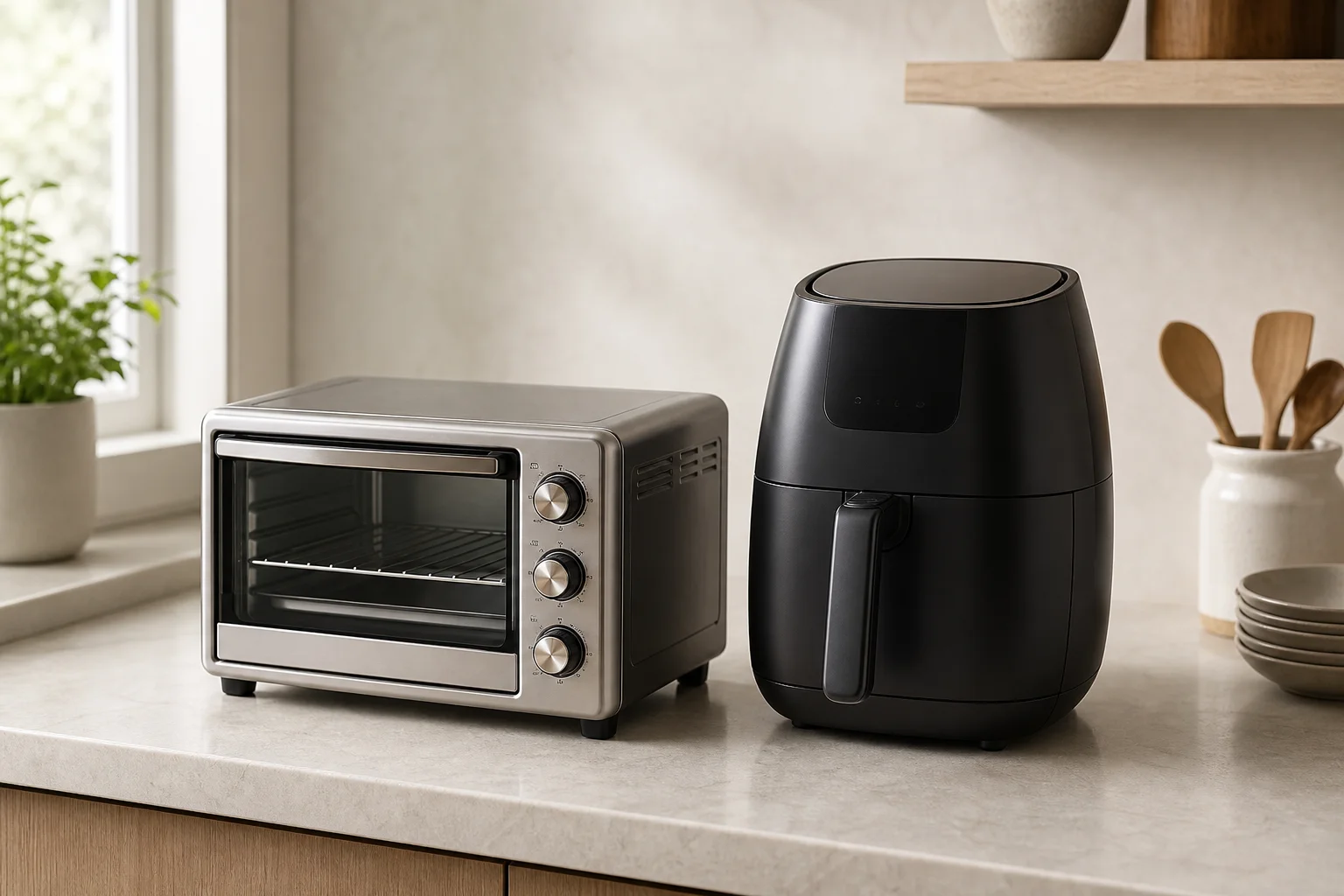 Toaster oven and air fryer side by side on kitchen counter