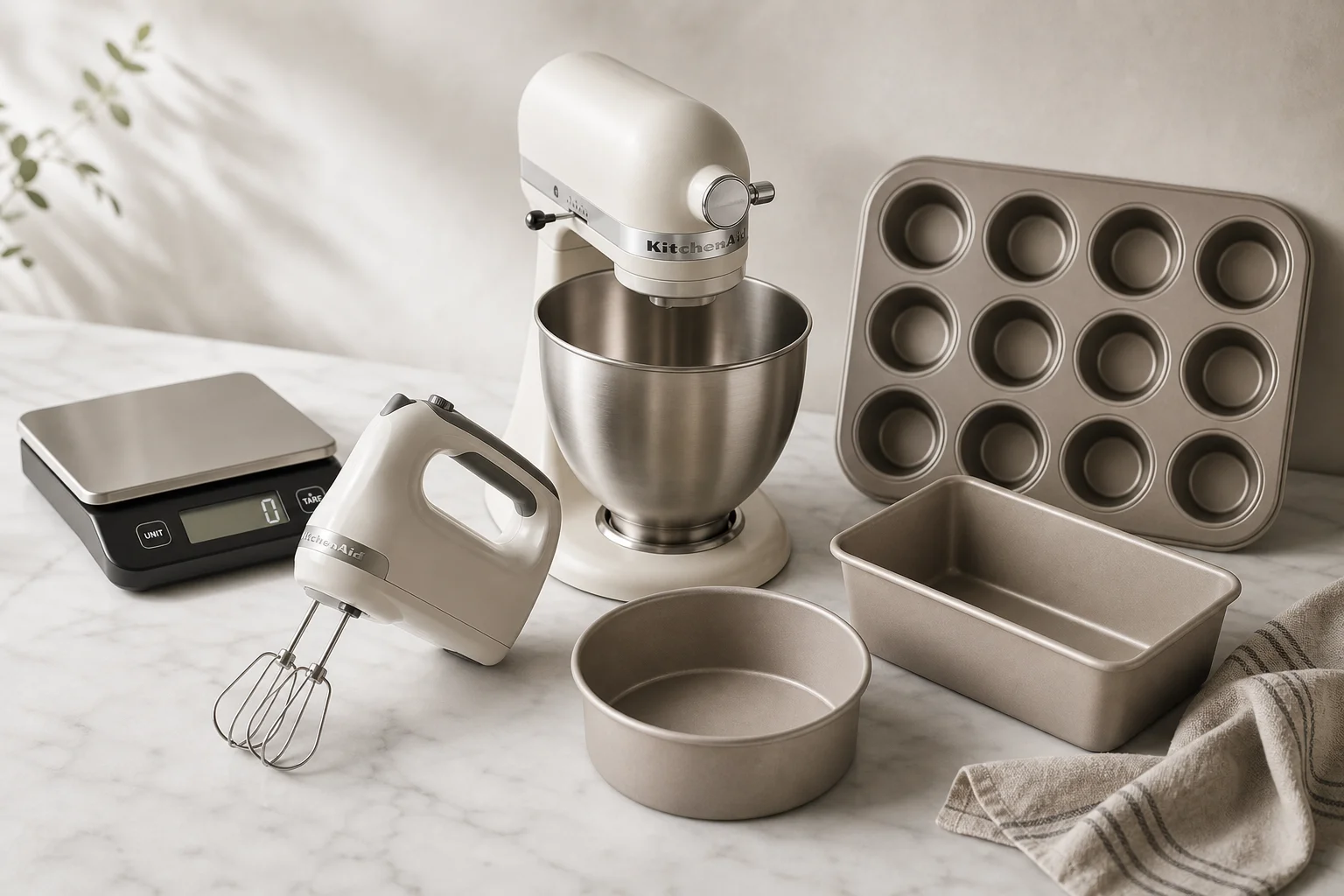 Collection of small-batch baking equipment on marble surface