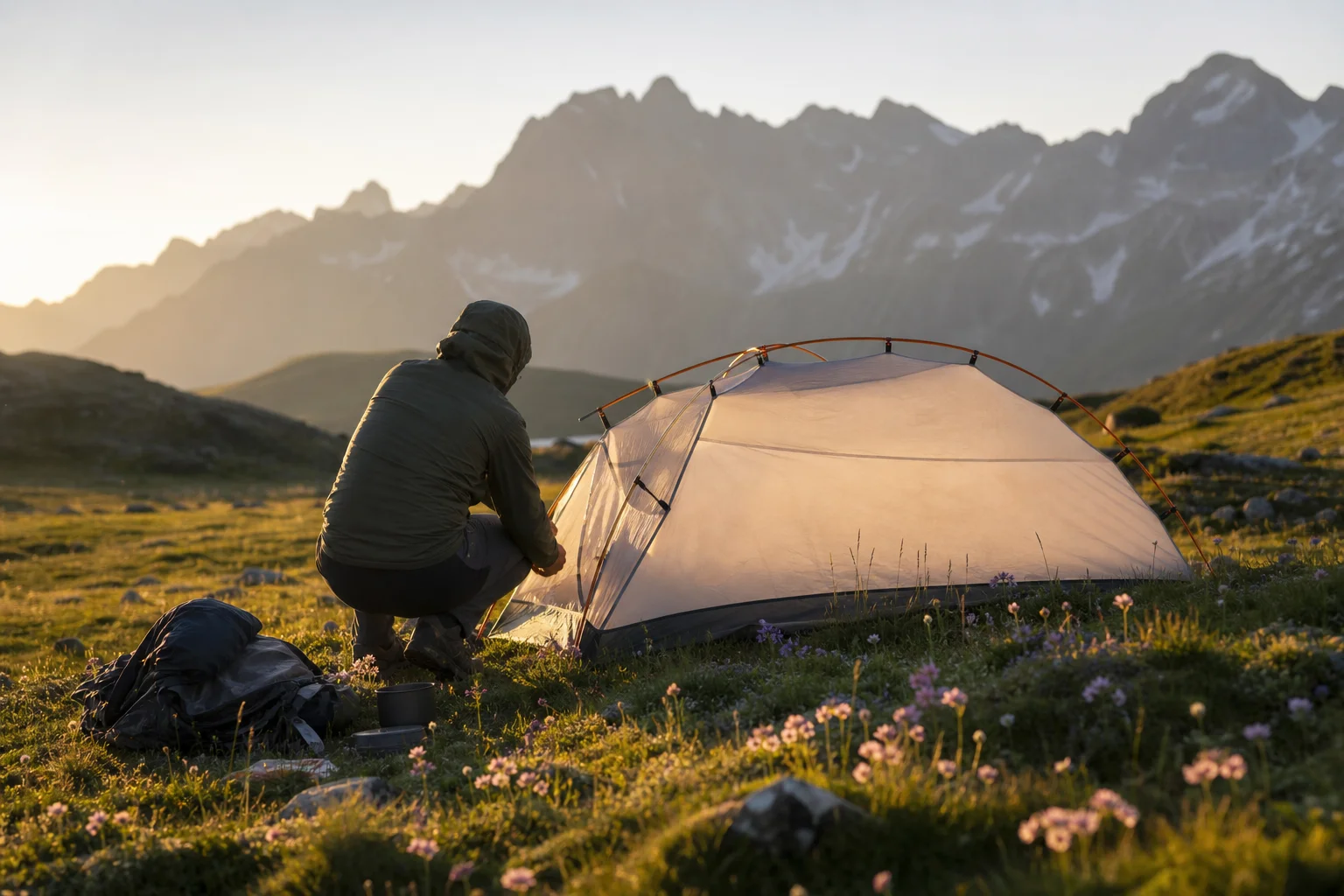 Mochilero montando el campamento en un prado de montaña durante la hora dorada