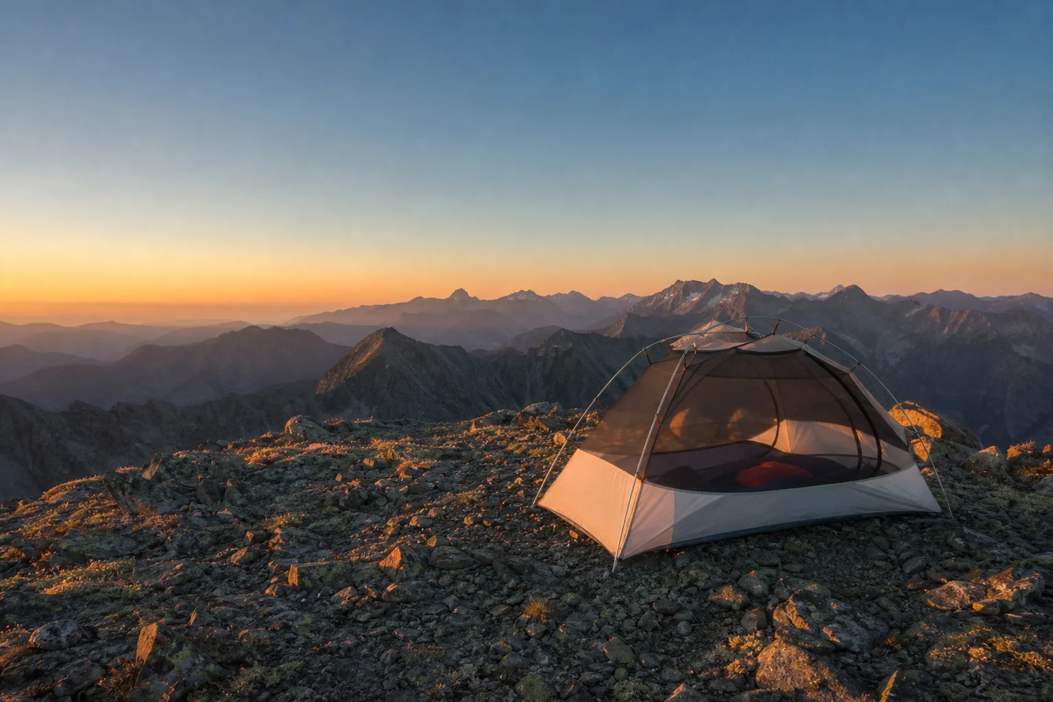Tienda de campaña ultraligera montada en una cresta alpina rocosa al atardecer