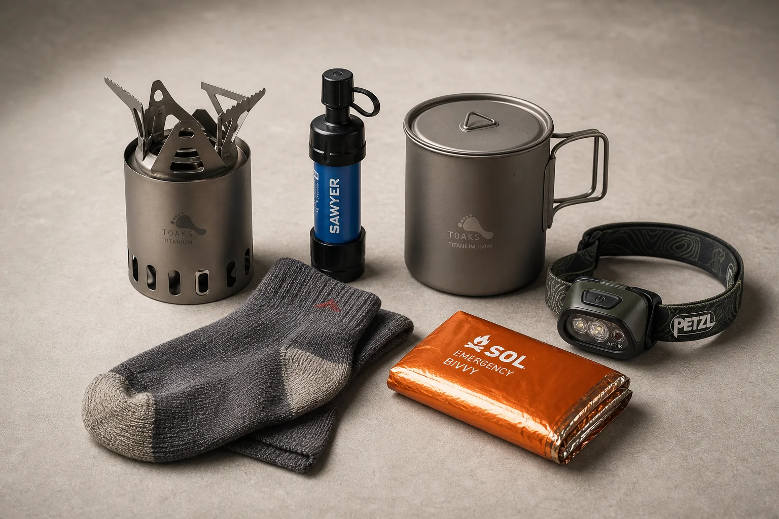 Sammlung von Wanderausrüstung, darunter Kocher, Socken, Filter, Topf, Stirnlampe und Biwaksack auf Beton