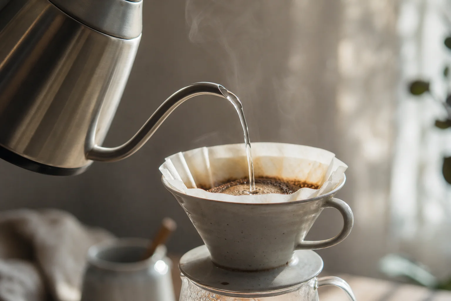 Gooseneck kettle pouring hot water into pour-over coffee dripper