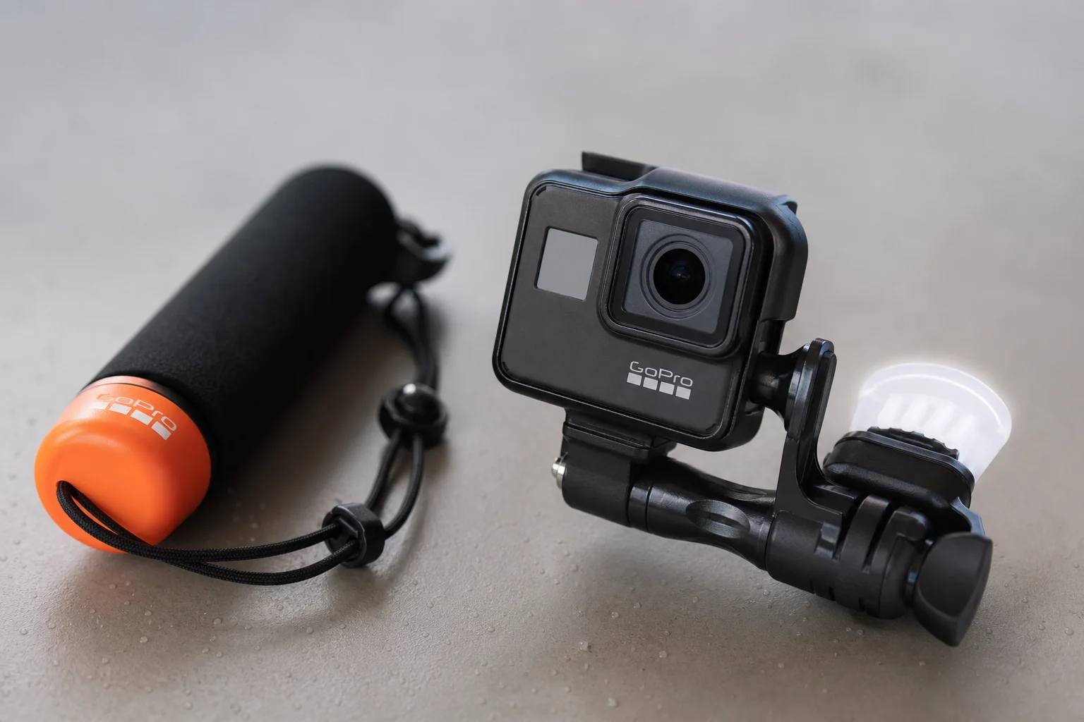 Bite mount in use during water activity with floaty handle nearby