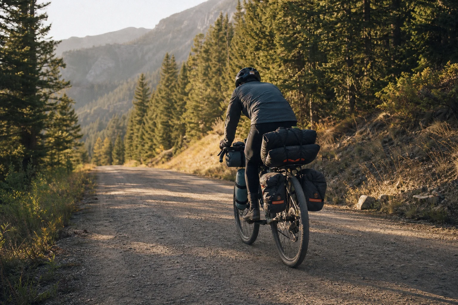 Bikepacker riding a gravel bike loaded with gear on a dirt trail through forest