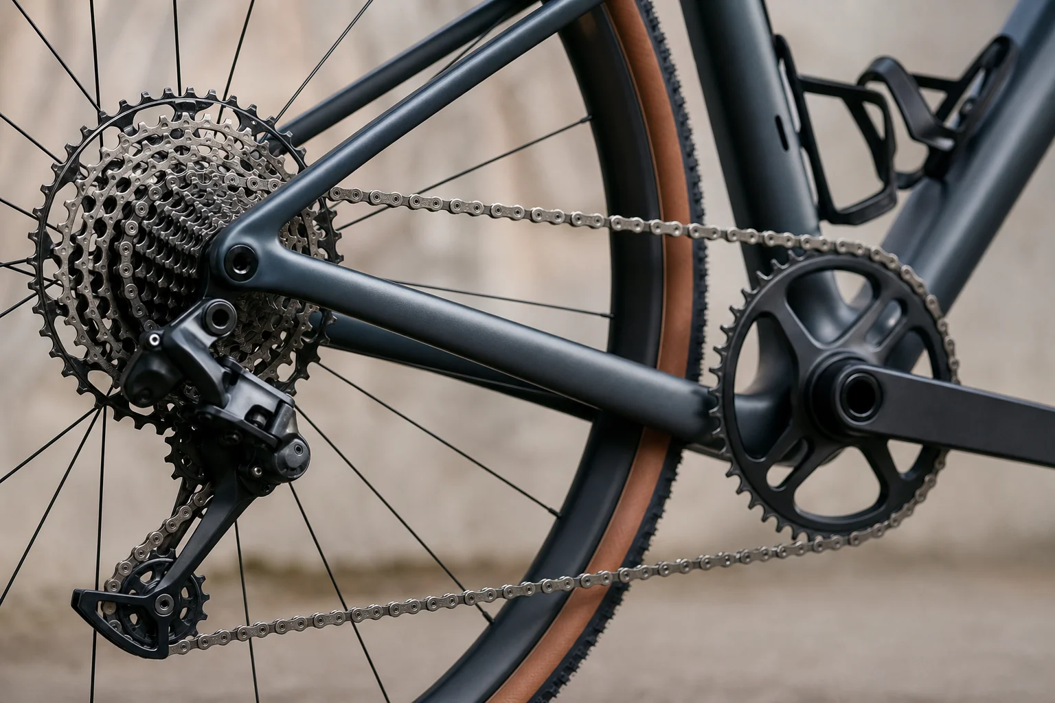 Close-up of gravel bike drivetrain and chainring showing mechanical components