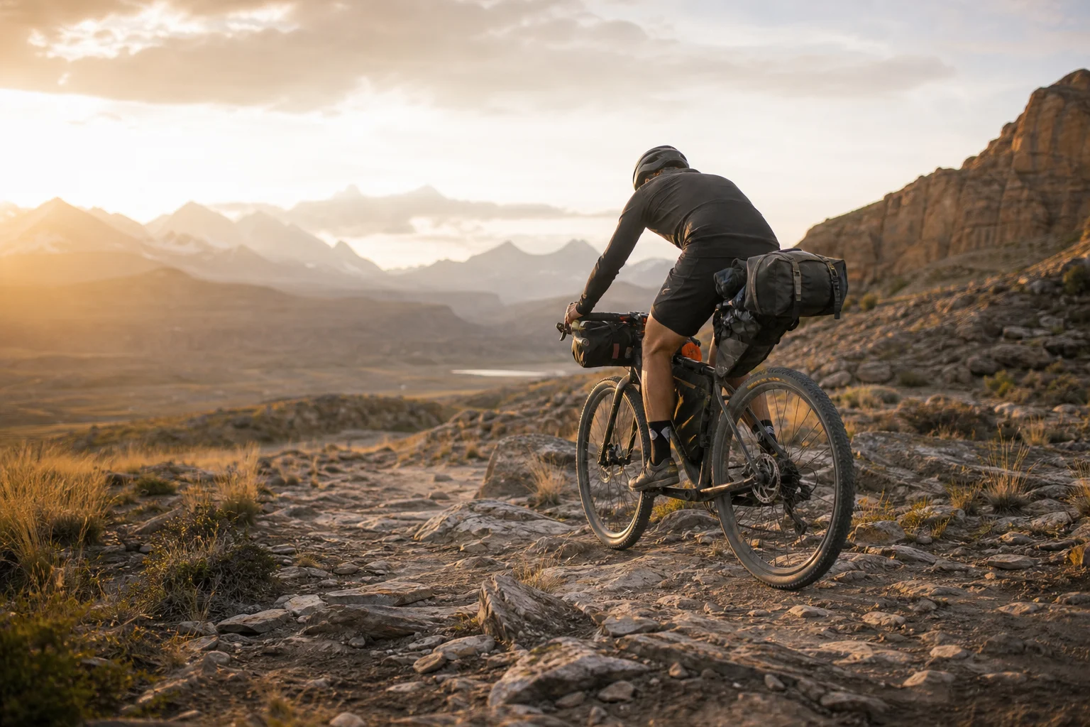 Bikepacker navigating rocky terrain on a gravel bike with full touring setup