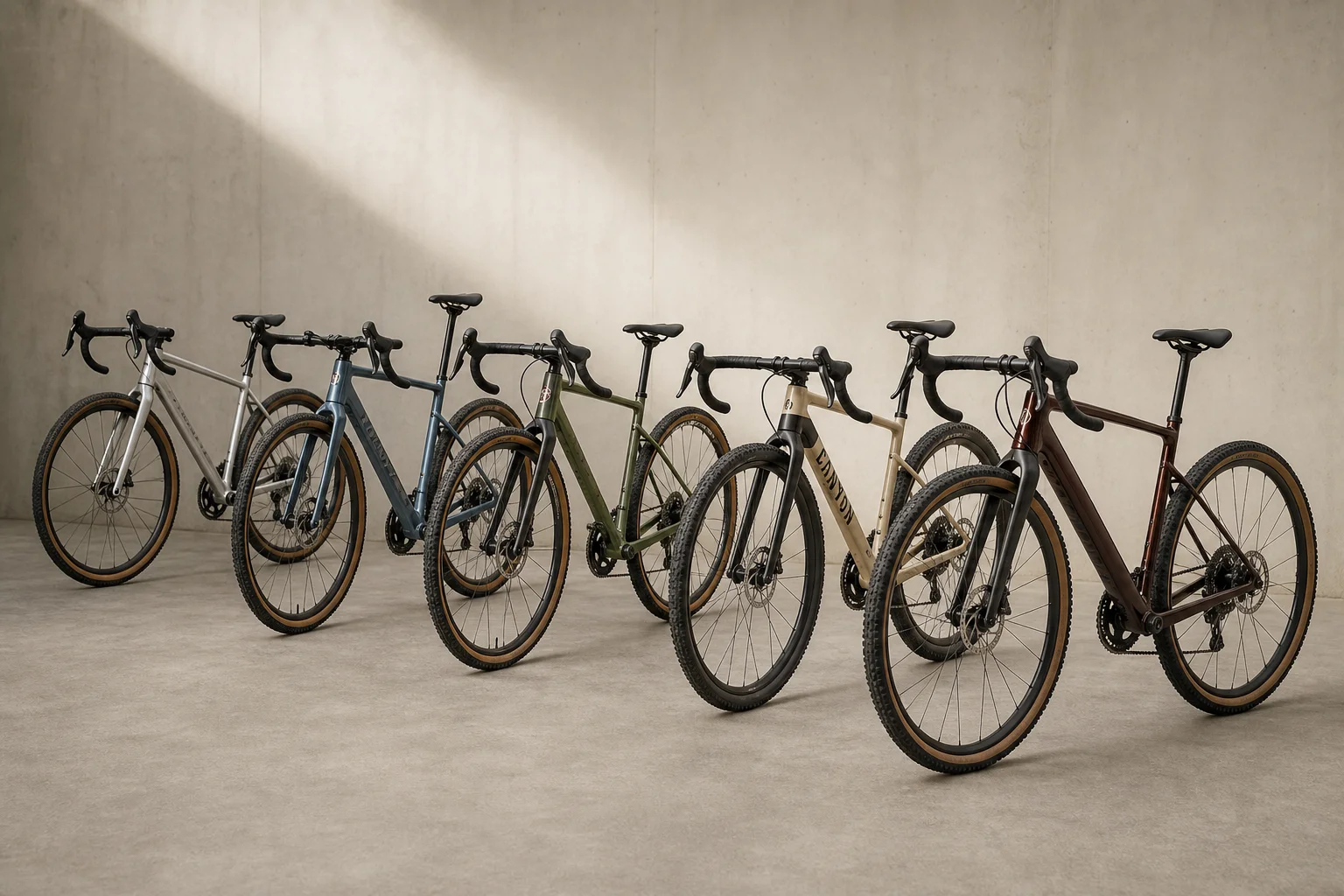 Five gravel bikes for bikepacking arranged on concrete surface
